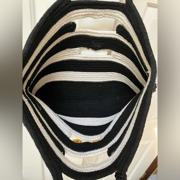 Stella & Dot large black/cream stripe Woven Cotton Cord. Bohemian Fringe tassels - Picture 2 of 5